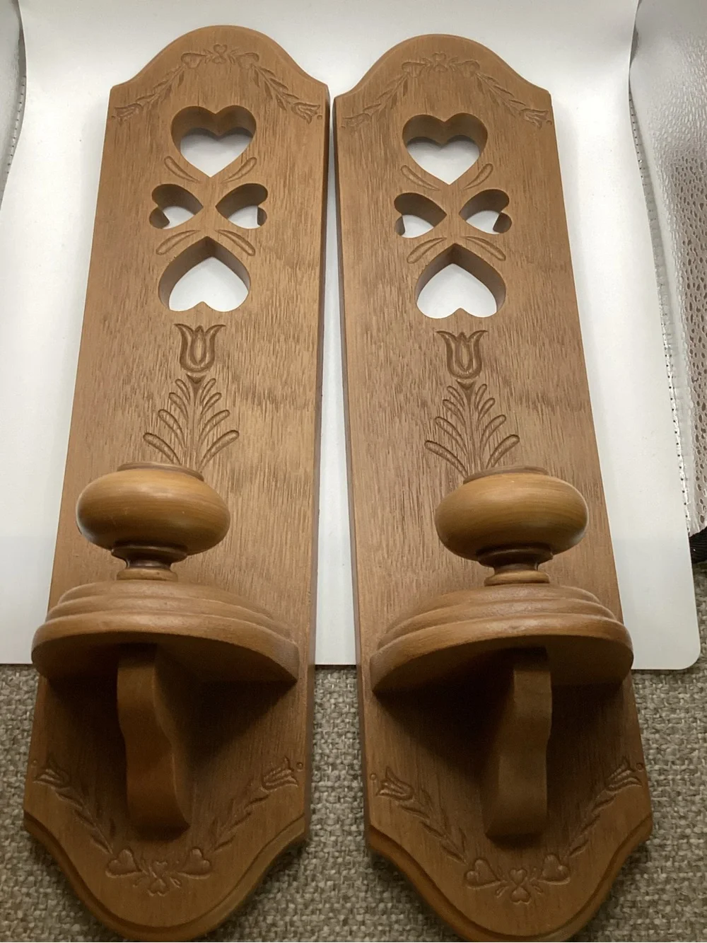 vintage 1986 Burwood faux-wood wall sconces with cut out hearts